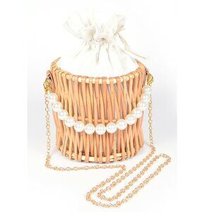 BNWT Bamboo Weaved Summer Convertible Bucket Clutch Bag Pearl Handle Bucket Bag